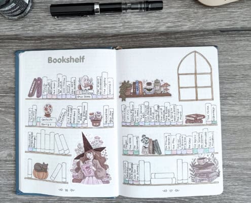 Ein gezeichnetes und ausgefülltes Bücherregal im Bookjournal